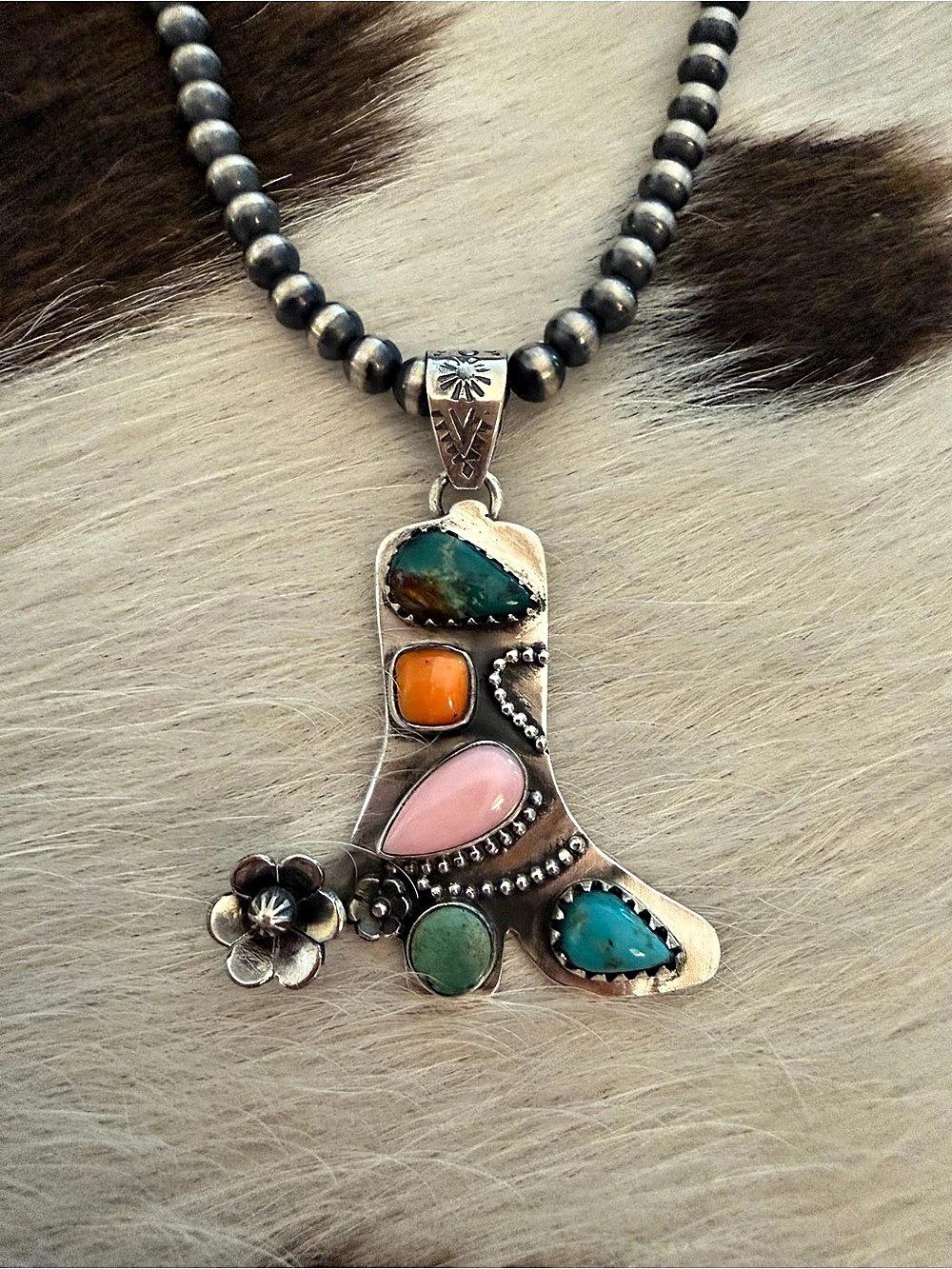 ❤️ Multistone Conch Spiny Turquoise Sterling Cowboy Boot Pendant Spinning Spur